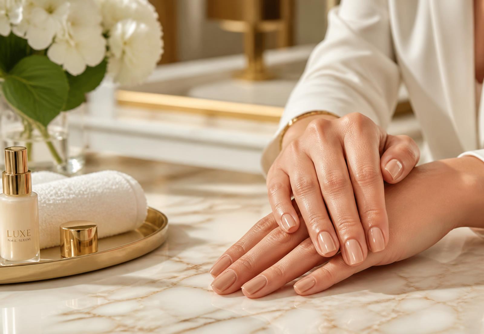 Elegant nude manicure photographed on cream marble in the Knails studio