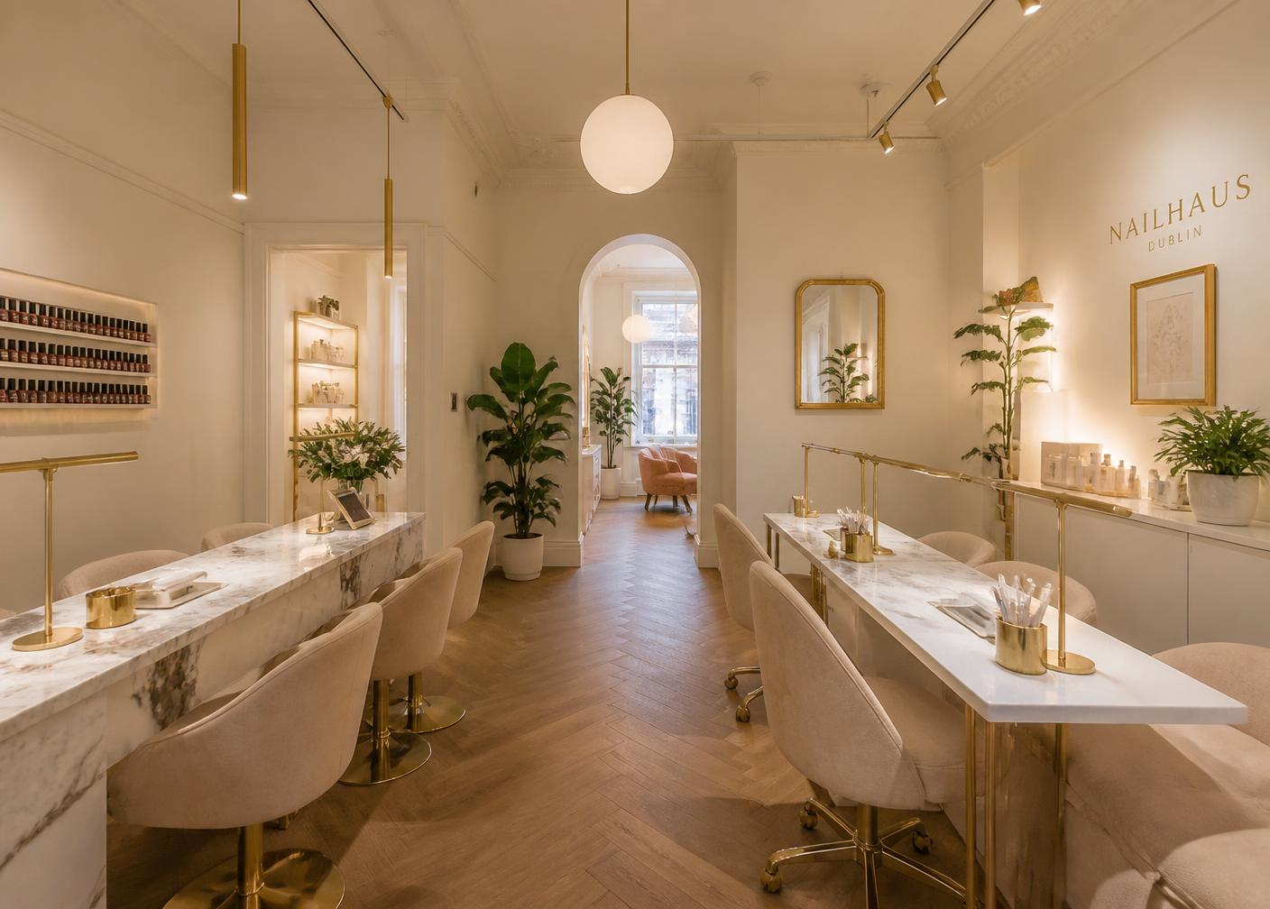 Knails studio interior with marble manicure tables and warm lighting